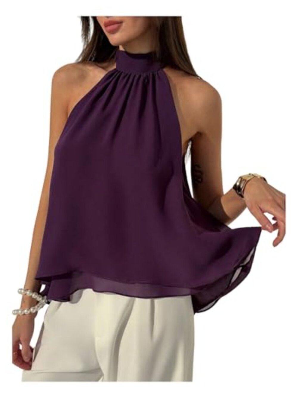 Y2K Halter Top Sleeveless Mock Neck Tie Back Chiffon Blouse Going Out